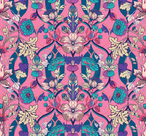 Seamless vintage twisted pattern with flowers and leaves in modern baroque	