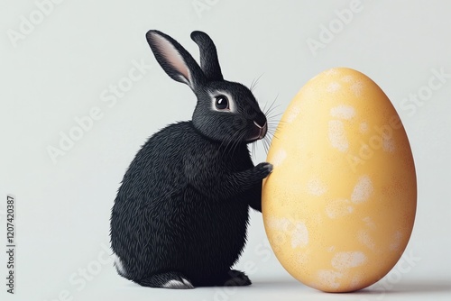 Black rabbit interacts with bright yellow egg, symbolizing sprin photo