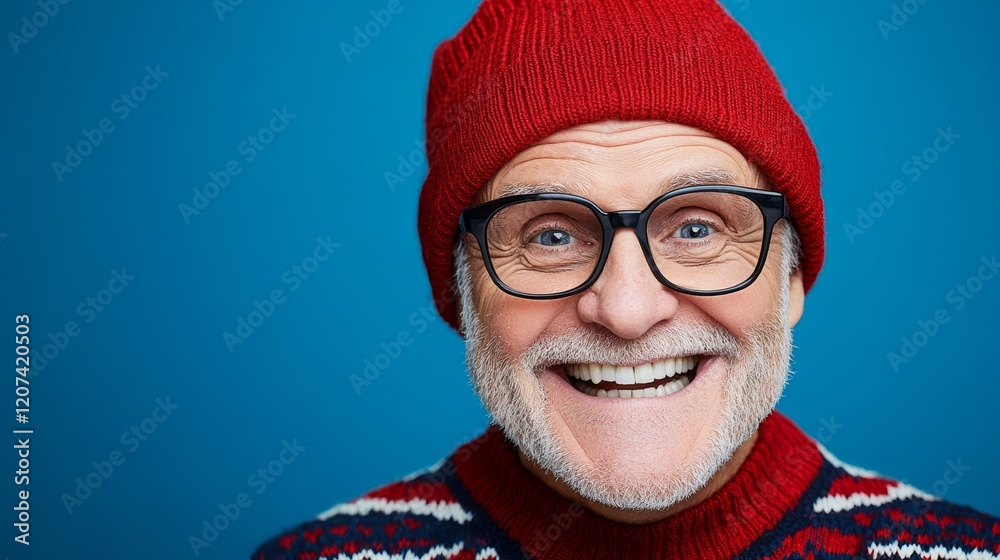Man with glasses and a red hat is smiling. He is wearing a blue sweater and a red hat Man with glasses and a red hat is smiling. He is wearing a blue sweater and a red hat