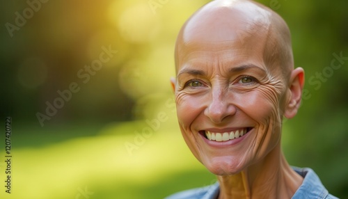 Woman with Bald Head Smiling in Blue Shirt Against Blurred Background photo