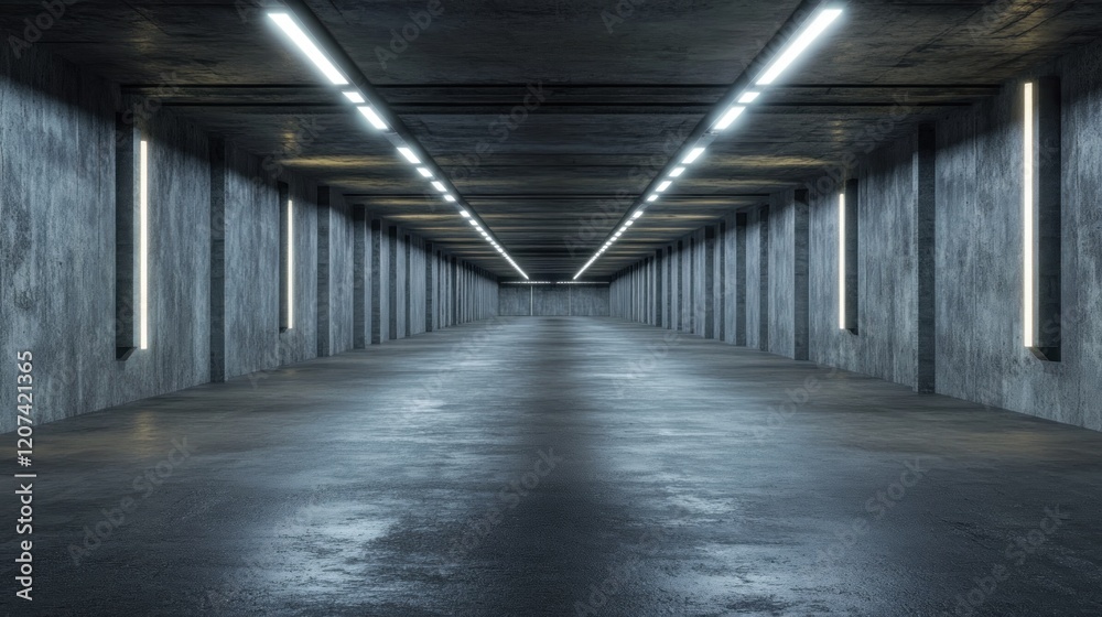 Illuminated concrete tunnel, futuristic background, empty, industrial setting, architectural design Illuminated concrete tunnel, futuristic background, empty, industrial setting, architectural design