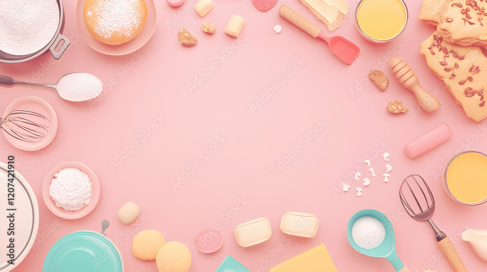 Baking Ingredients and Tools on a Pink Background for Creatives Baking Ingredients and Tools on a Pink Background for Creatives