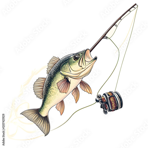 Largemouth bass leaping with fishing rod and reel. photo