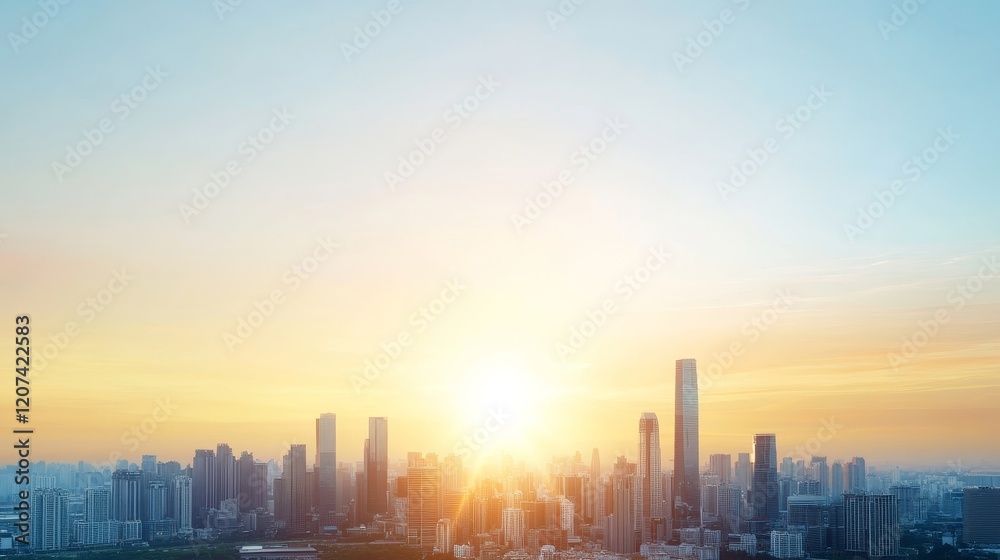 Breathtaking Cityscape at Sunrise with Vibrant Orange and Blue Sky over Tall Buildings and Urban Landscape in a Modern City Environment Breathtaking Cityscape at Sunrise with Vibrant Orange and Blue Sky over Tall Buildings and Urban Landscape in a Modern City Environment