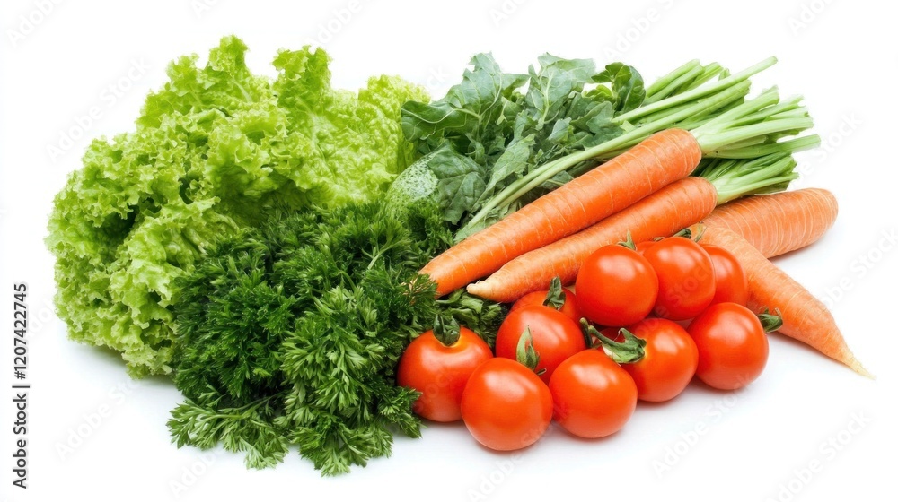 Fresh carrots, tomatoes, lettuce, parsley; studio shot, white background; healthy eating