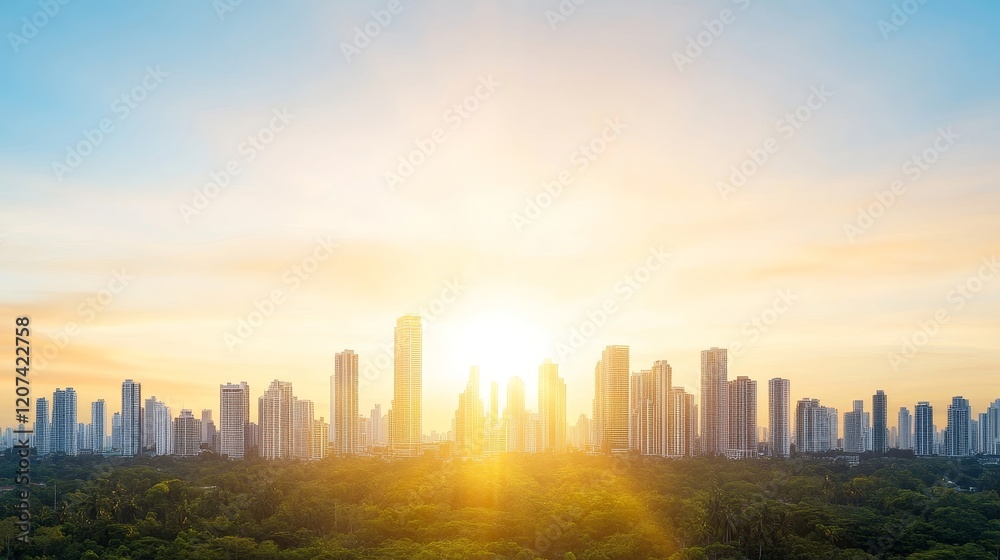 Beautiful skyline illustration at sunset depicting modern buildings and lush greenery, showcasing urban development and nature's harmony with vibrant colors.