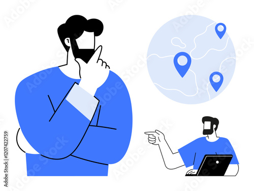 Man thinking about locations, another man working on a laptop with pointing gesture, blue location markers on a map. Ideal for business strategy, planning, collaboration, navigation, decision making