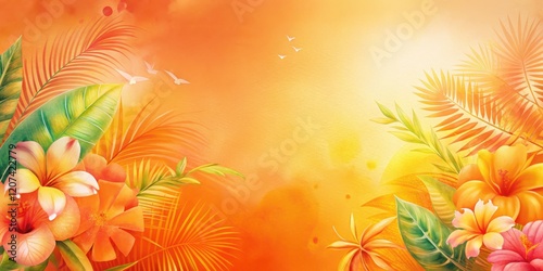 Vibrant tropical background with bright flowers and leaves on orange gradient