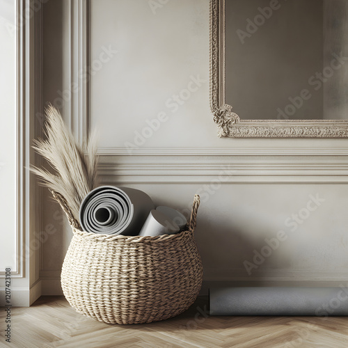 A wicker basket with natural fibers containing neatly rolled gray yoga mats and yoga blocks, placed against an elegant wall with detailed molding and a mirror, wooden flooring in a dark tone.