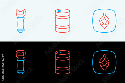 Set line Hop, Bottle opener and Metal beer keg icon. Vector