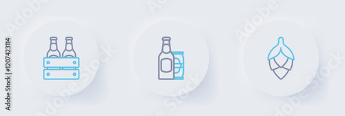 Set line Hop, Beer bottle and beer can and Pack of bottles icon. Vector