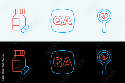 Set line Broken heart or divorce, Sedative pills and Question and Answer icon. Vector