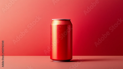 mock up shot of a vibrant red soda can with condensation stands against matching red background, creating striking visual effect
