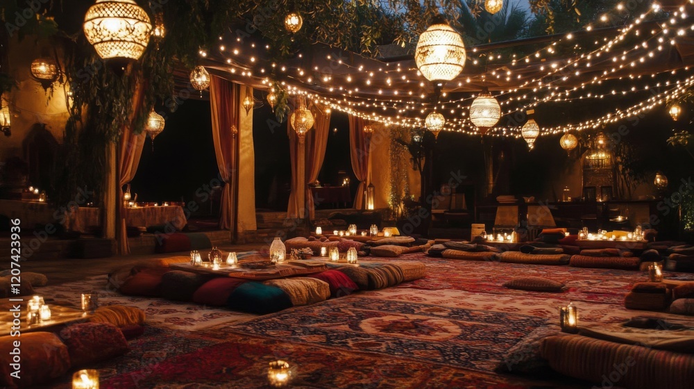 Obraz premium Enchanting Outdoor Night Setting with Warm Lighting and Cozy Pillows