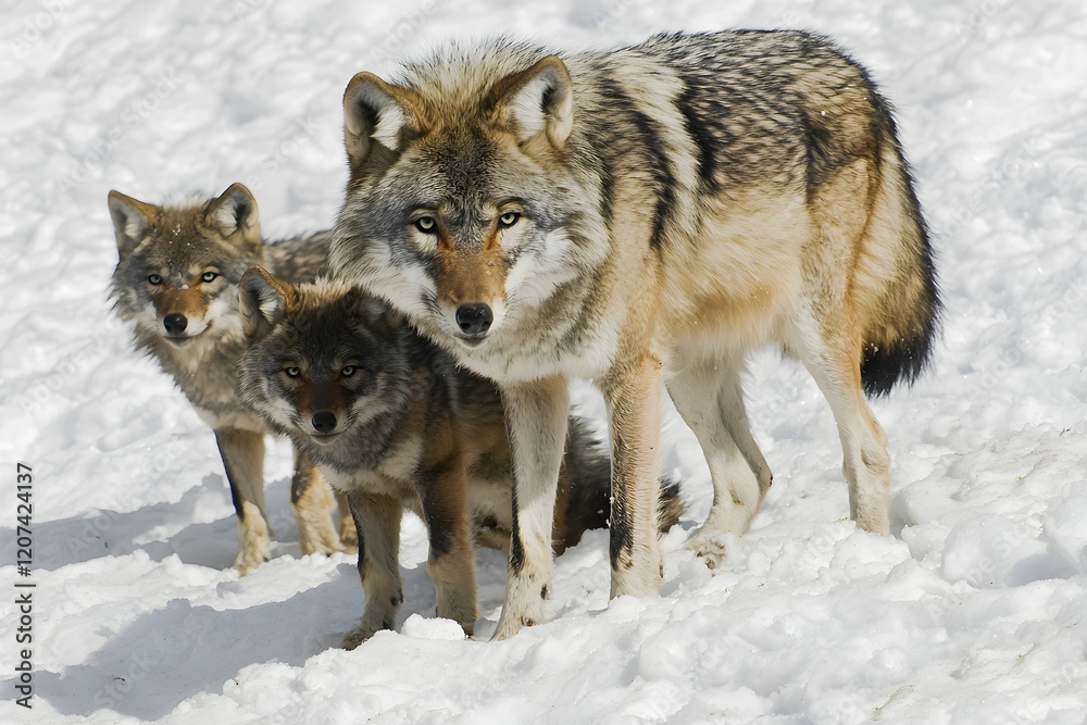 Fototapeta premium She-wolf caring for her cubs in the snow