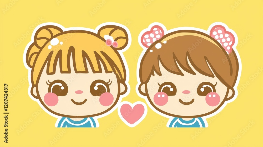 Cute cartoon girls with colorful hairstyles smiling against a yellow background with heart symbol for friendship Cute cartoon girls with colorful hairstyles smiling against a yellow background with heart symbol for friendship
