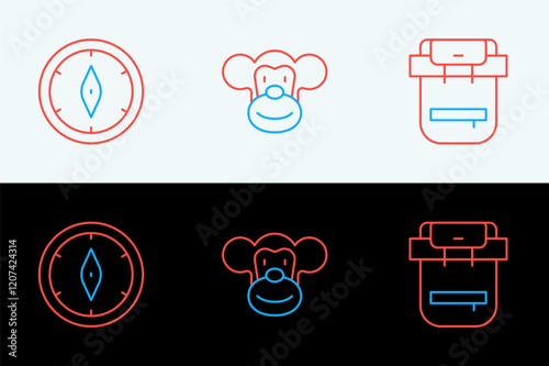 Set line Hiking backpack, Compass and Monkey icon. Vector