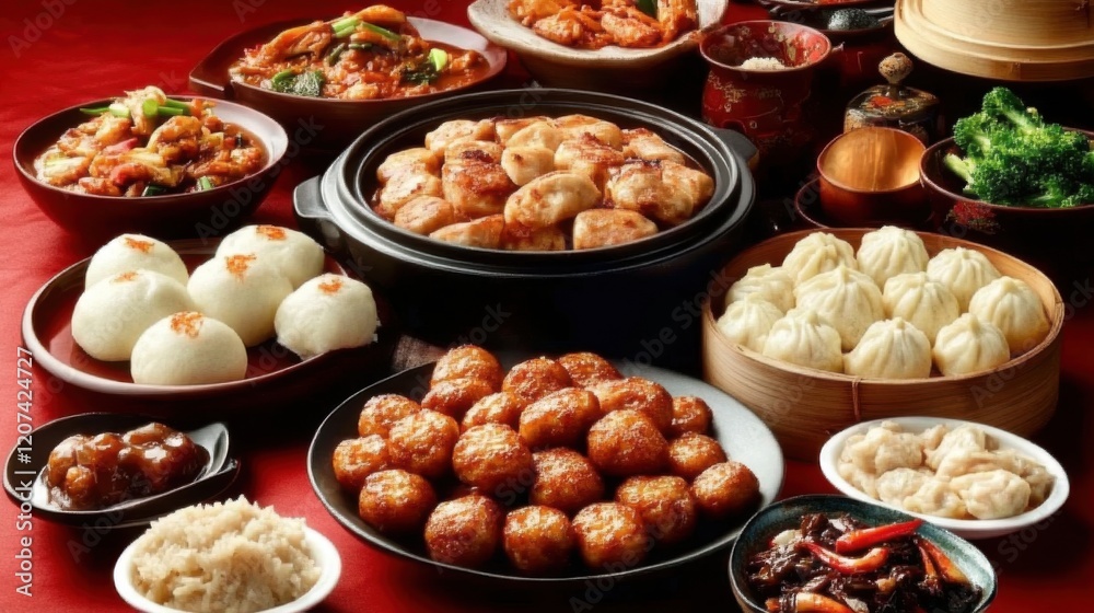 Chinese New Year Family Dinner: A Festive Table Adorned with Fish Balls, Stuffed Buns, and Red Decor, Capturing the Essence of Lunar Celebrations Chinese New Year Family Dinner: A Festive Table Adorned with Fish Balls, Stuffed Buns, and Red Decor, Capturing the Essence of Lunar Celebrations