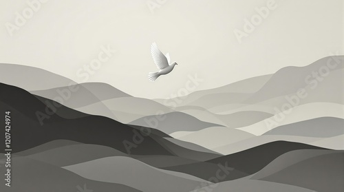 Peaceful dove flying over misty mountains at night. Serene landscape with starry sky. Perfect for peace, hope, and spirituality themes photo