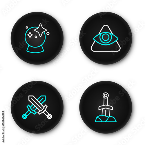 Set line Sword in the stone, Crossed medieval sword, All-seeing eye of God and Magic ball icon. Vector