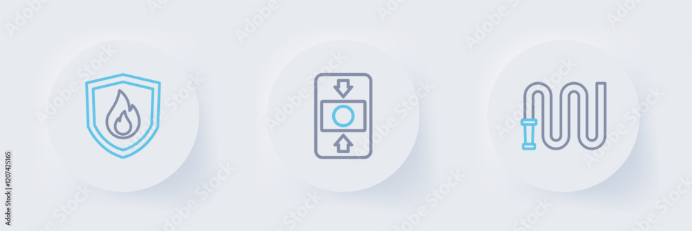 Set line Fire hose reel, alarm system and protection shield icon. Vector