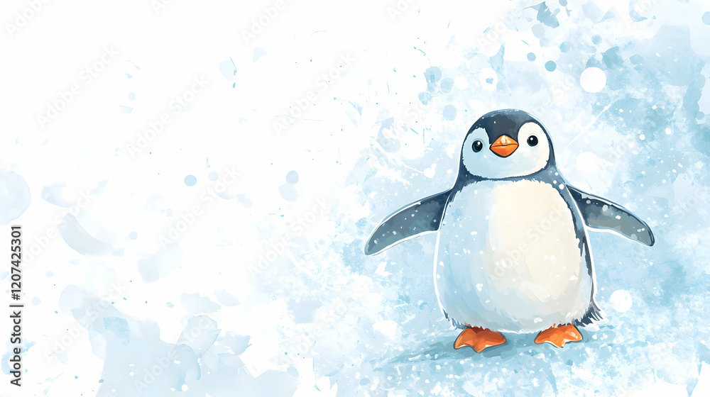 Fototapeta premium Cute Penguin Character in Winter Scene with Snowflakes and Frost