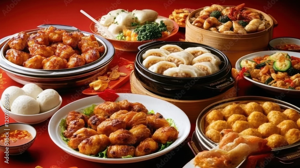 Chinese New Year Family Dinner: A Festive Table Adorned with Fish Balls, Stuffed Buns, and Red Decor, Capturing the Essence of Lunar Celebrations Chinese New Year Family Dinner: A Festive Table Adorned with Fish Balls, Stuffed Buns, and Red Decor, Capturing the Essence of Lunar Celebrations