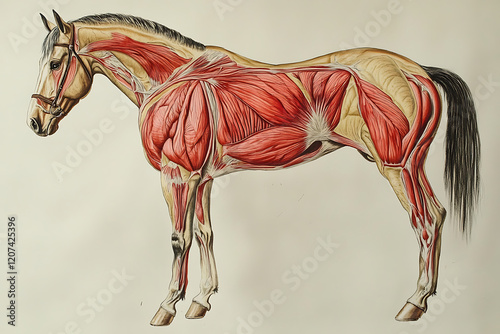 Anatomical illustration of a horse showcasing muscle structure, set against a neutral background for educational purposes photo