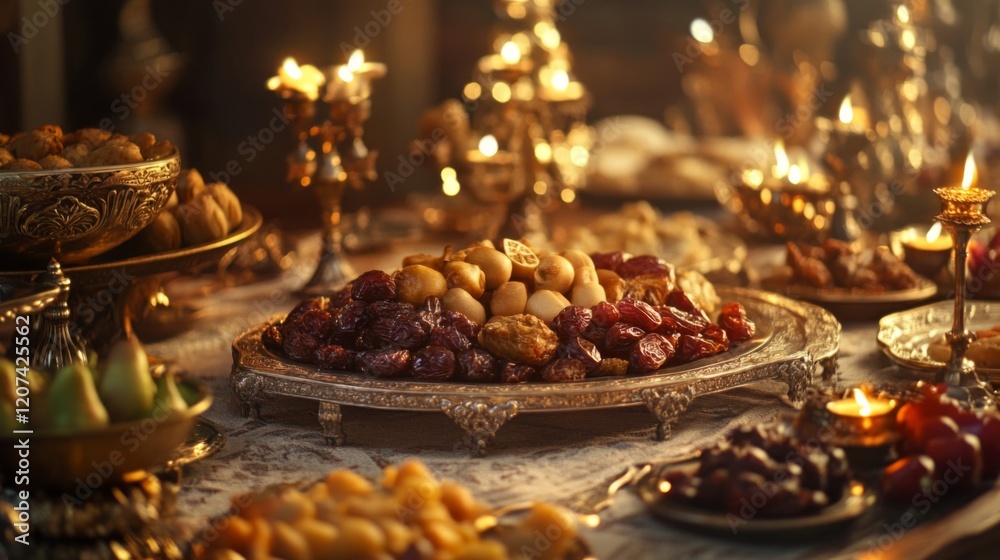 Luxurious Table Setting with Dried Fruits and Golden Light Luxurious Table Setting with Dried Fruits and Golden Light