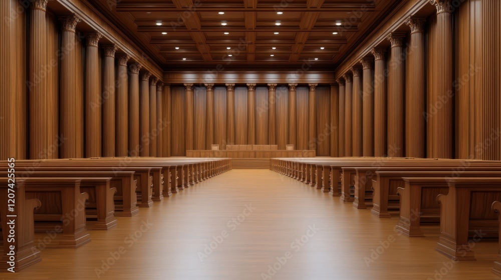 Elegant wooden courtroom with tall pillars. Elegant wooden courtroom with tall pillars.