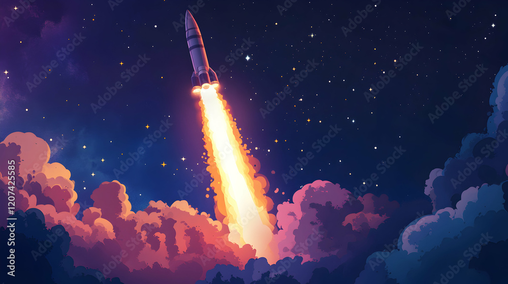 Romantic and Vibrant Space Rocket Launching Into Night Sky Romantic and Vibrant Space Rocket Launching Into Night Sky
