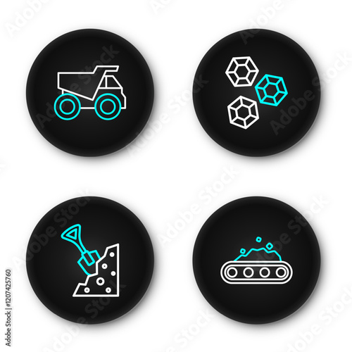 Set line Conveyor belt carrying coal, Shovel and stone, Gem and Mining dump truck icon. Vector