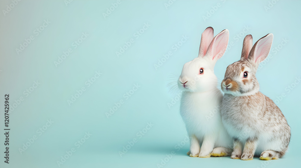 Obraz premium Two Cute Rabbits Sitting Together on a Light Blue Background