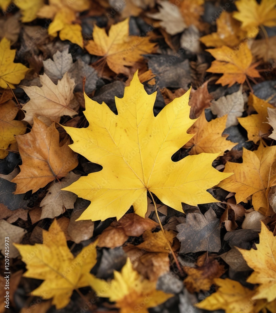 A single bright yellow maple leaf lying on a pile of fallen leaves, maple leaf, leaf texture, yellow color A single bright yellow maple leaf lying on a pile of fallen leaves, maple leaf, leaf texture, yellow color