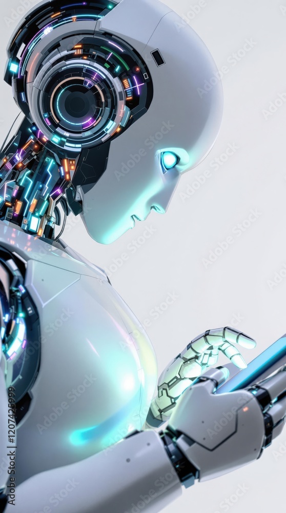 Fototapeta premium Futuristic android engaged with technology displaying advanced robotics and ai interaction