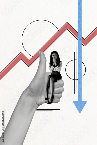 Vertical photo collage of puzzled girl sit thumb up gesture panic arrow regress economy statistics recession isolated on painted background