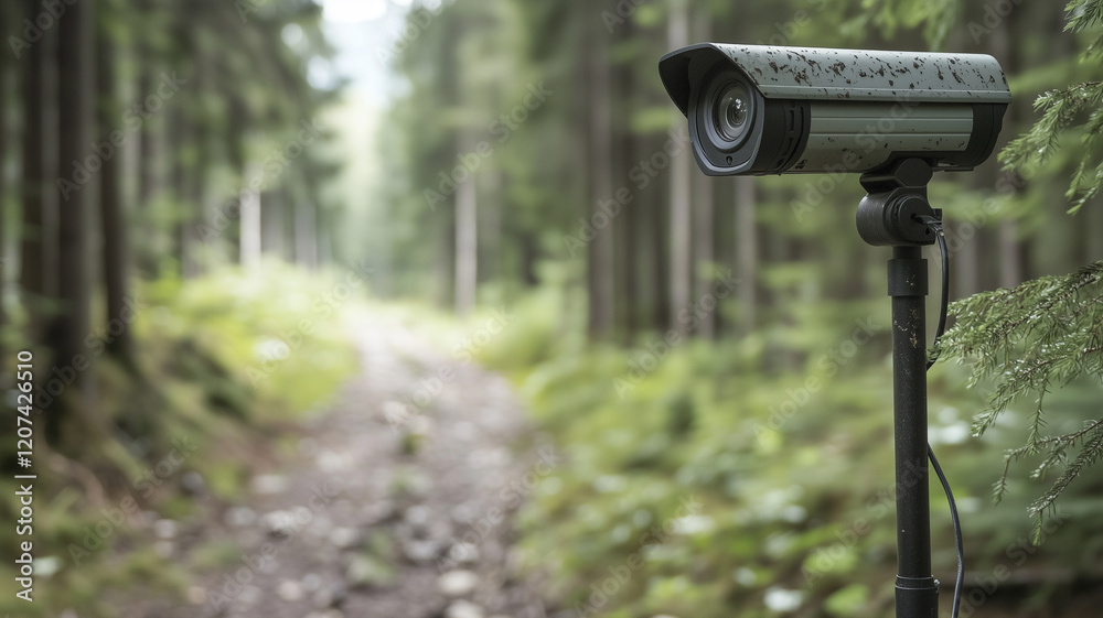 surveillance camera monitors forest trail, surrounded by lush greenery and tall trees. camera is mounted on pole, capturing serene and natural environment