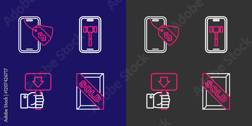 Set line Auction painting sold, Hand holding auction paddle, Online and icon. Vector