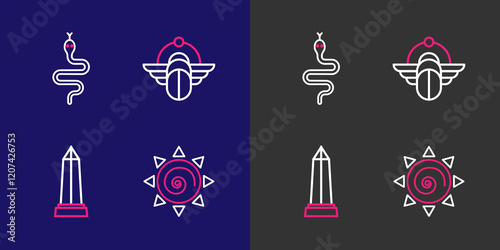 Set line Sun, Obelisk of Alexandria, Tropical palm tree and Snake icon. Vector