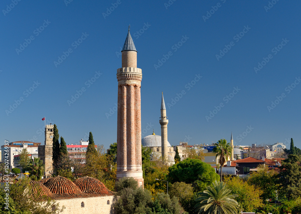 The ancient Fluted Minaret Mosque aka Yivli Minare, Alaaddin, Ulu Cami Camii Grand. Kaleici old town centre of Antalya, Turkey