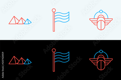 Set line Tropical palm tree, Egypt pyramids and Flag Of icon. Vector