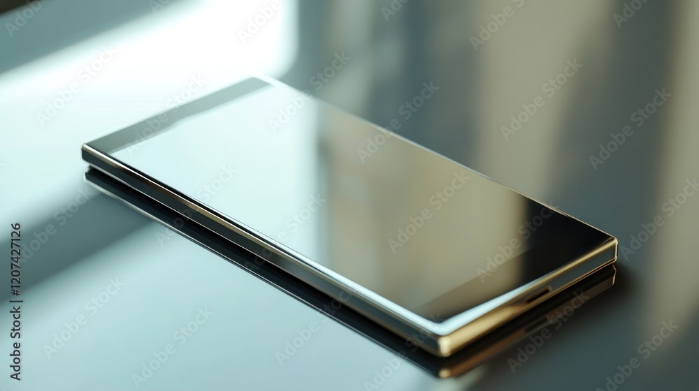 Sleek phone rests on reflective surface, window light, modern office Sleek phone rests on reflective surface, window light, modern office