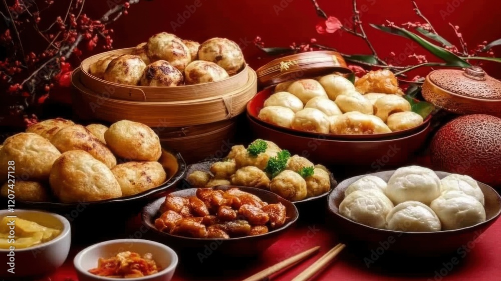 Chinese New Year Family Dinner: A Festive Table Adorned with Fish Balls, Stuffed Buns, and Red Decor, Capturing the Essence of Lunar Celebrations Chinese New Year Family Dinner: A Festive Table Adorned with Fish Balls, Stuffed Buns, and Red Decor, Capturing the Essence of Lunar Celebrations