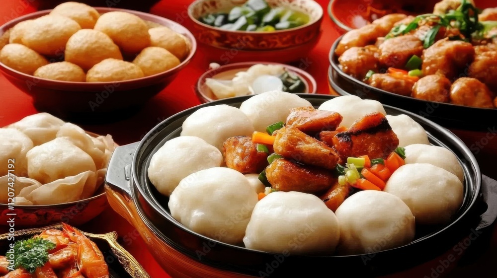 Chinese New Year Family Dinner: A Festive Table Adorned with Fish Balls, Stuffed Buns, and Red Decor, Capturing the Essence of Lunar Celebrations Chinese New Year Family Dinner: A Festive Table Adorned with Fish Balls, Stuffed Buns, and Red Decor, Capturing the Essence of Lunar Celebrations