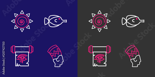 Set line Nefertiti, Eye of Horus on papyrus scroll, Butterfly fish and Sun icon. Vector