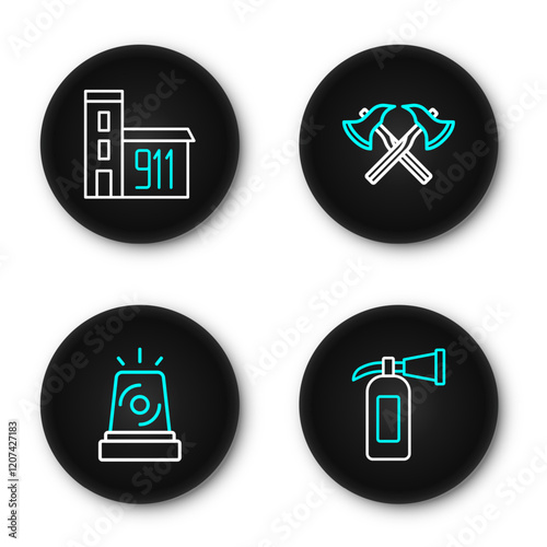 Set line Fire extinguisher, Flasher siren, Firefighter axe and Building of fire station icon. Vector