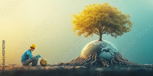 A Worker Tending to a Miniature Earth Sustained by a Majestic Tree: A Symbol of Environmental Preservation and Global Sustainability