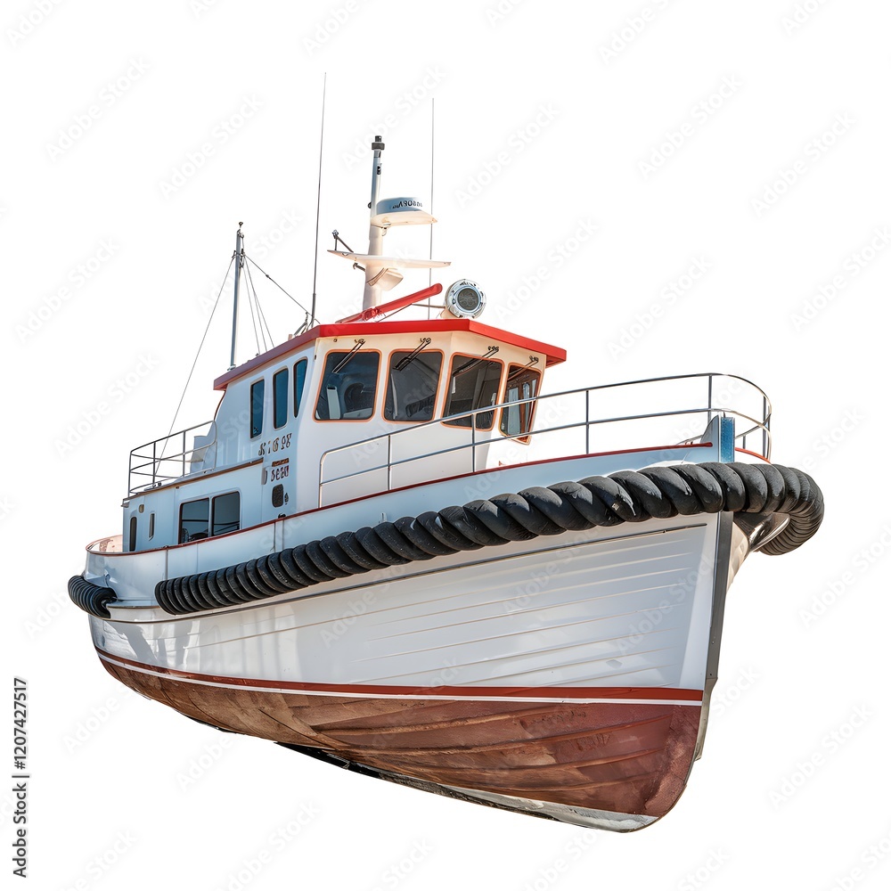 Fototapeta premium Detailed View of Tugboat with White Hull and Red Bottom on Display.