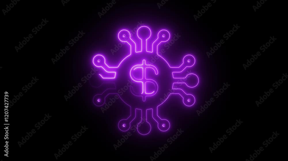 Glowing Neon Virtual Currency Icon, Symbol of Digital Money and Blockchain Technology, HD Video Motion Graphic Animation on Black Background