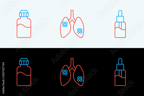 Set line Vape liquid bottle, and Disease lungs icon. Vector